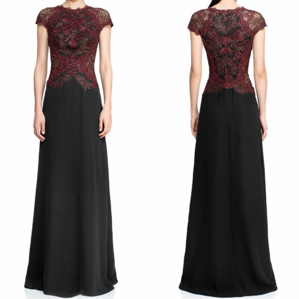 Tadashi Shoji Black and Burgundy Lace Maxi Dress